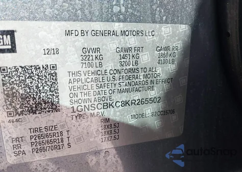 2019 Chevrolet Tahoe Lt z USA, uszkodzony, nr VIN 1GNSCBKC8KR265502